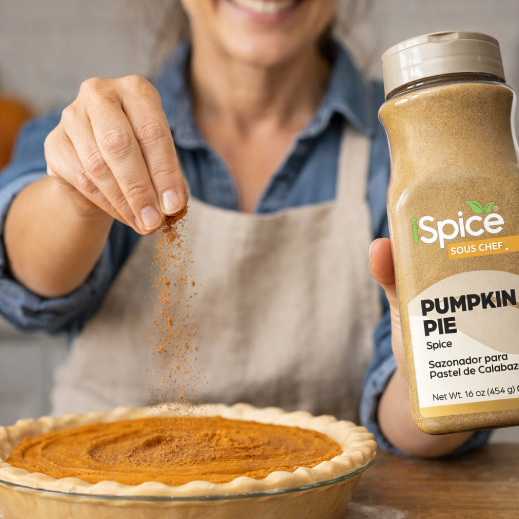 Person sprinkling pumpkin pie spice into a pie with a bottle of Spice Sou Chef Pumpkin Pie Spice.