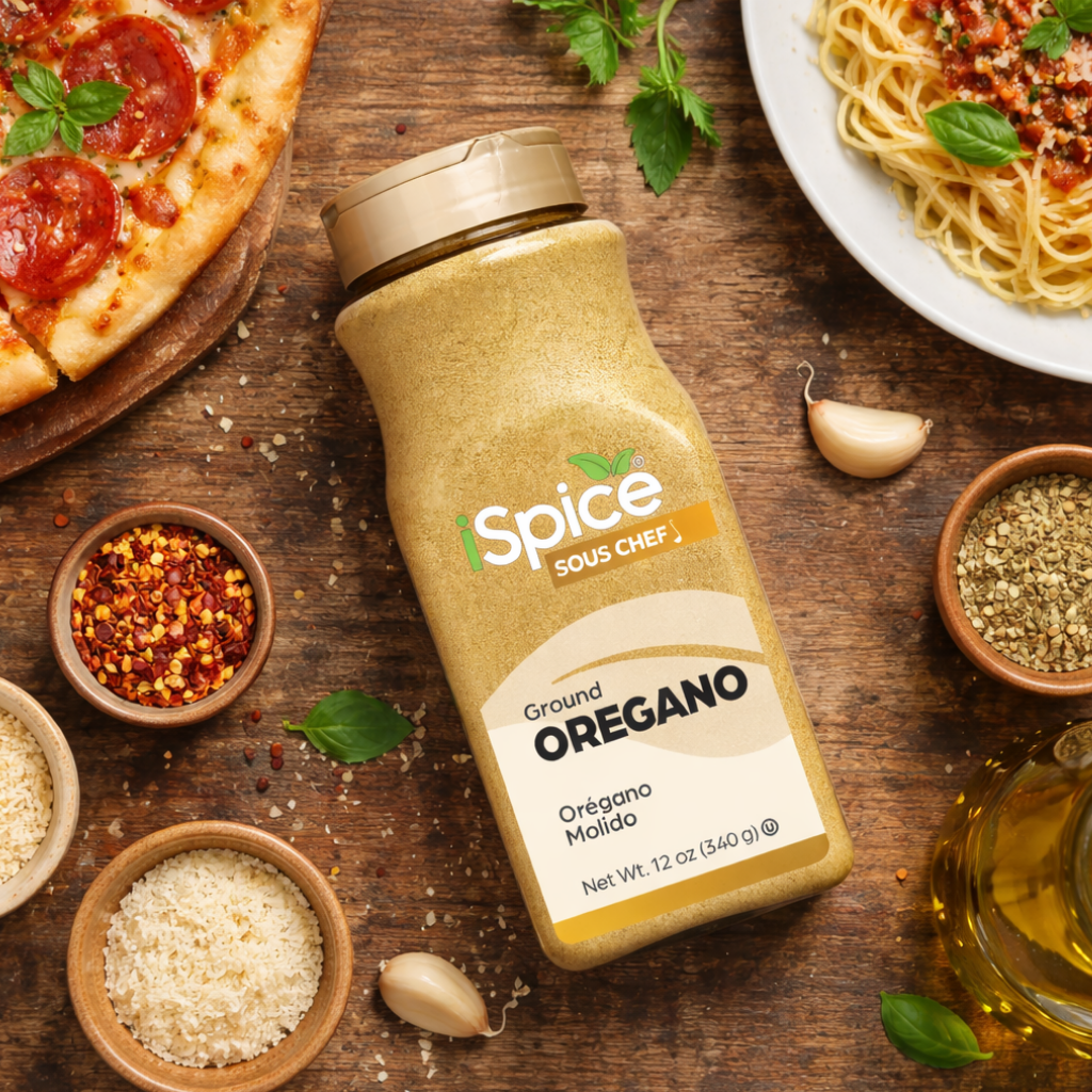 Spice Sous Chef oregano bottle on a wooden table with pizza and pasta