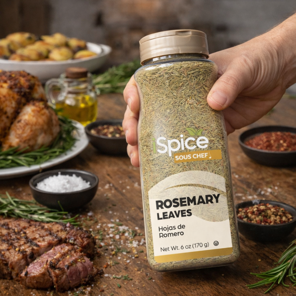 Hand holding a jar of Spice Sous Chef rosemary leaves with a rustic background featuring food.