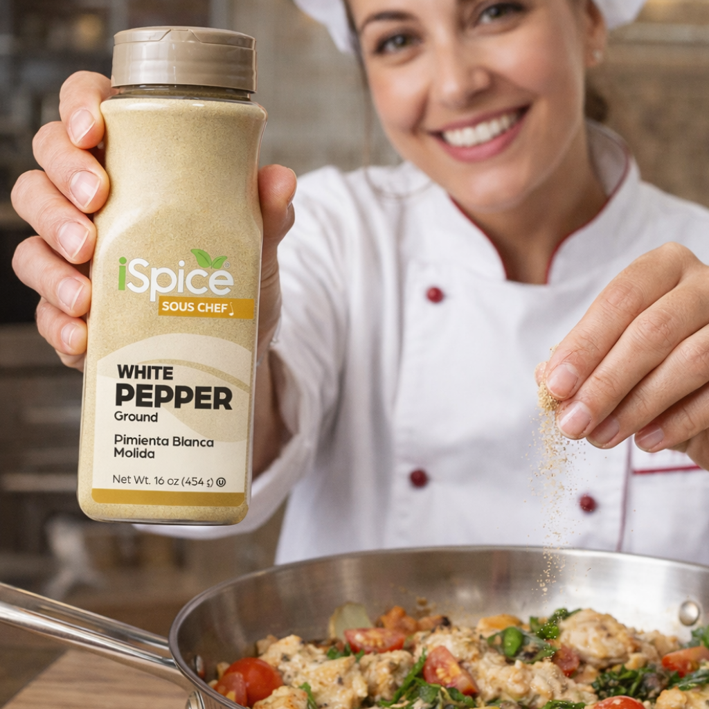 Person in a chef's outfit holding a bottle of 'iSpice' white pepper above a pan of food.