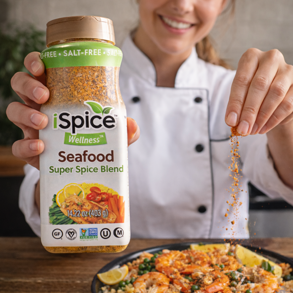 Person holding a bottle of iSpice Wellness Seafood Super Spice Blend over a dish of food.