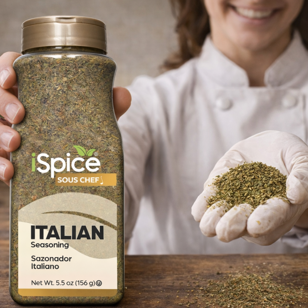 Person holding a jar of iSpice Italian seasoning with a close-up of the seasoning.