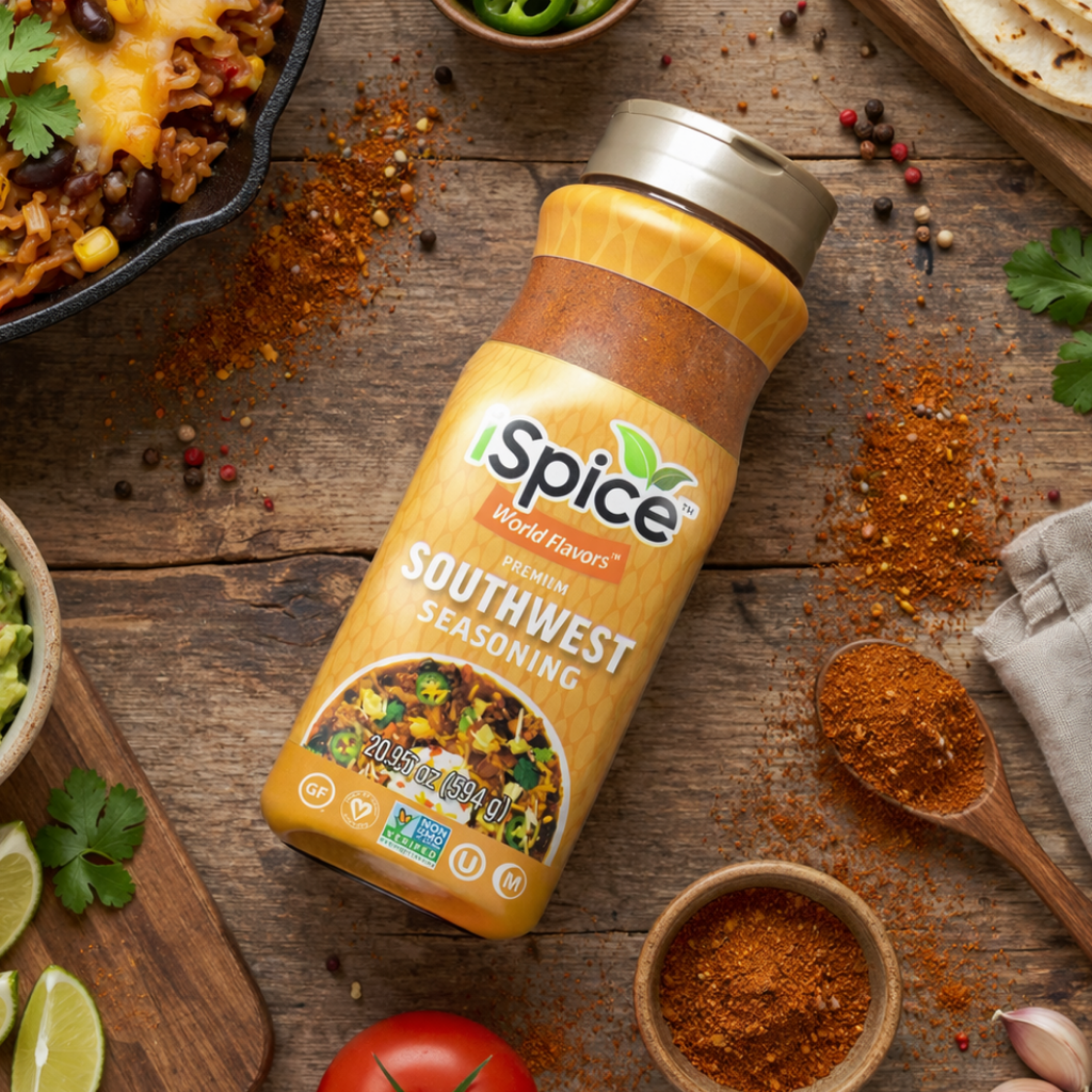 Spice World Flavors Southwest seasoning bottle on a wooden surface with ingredients