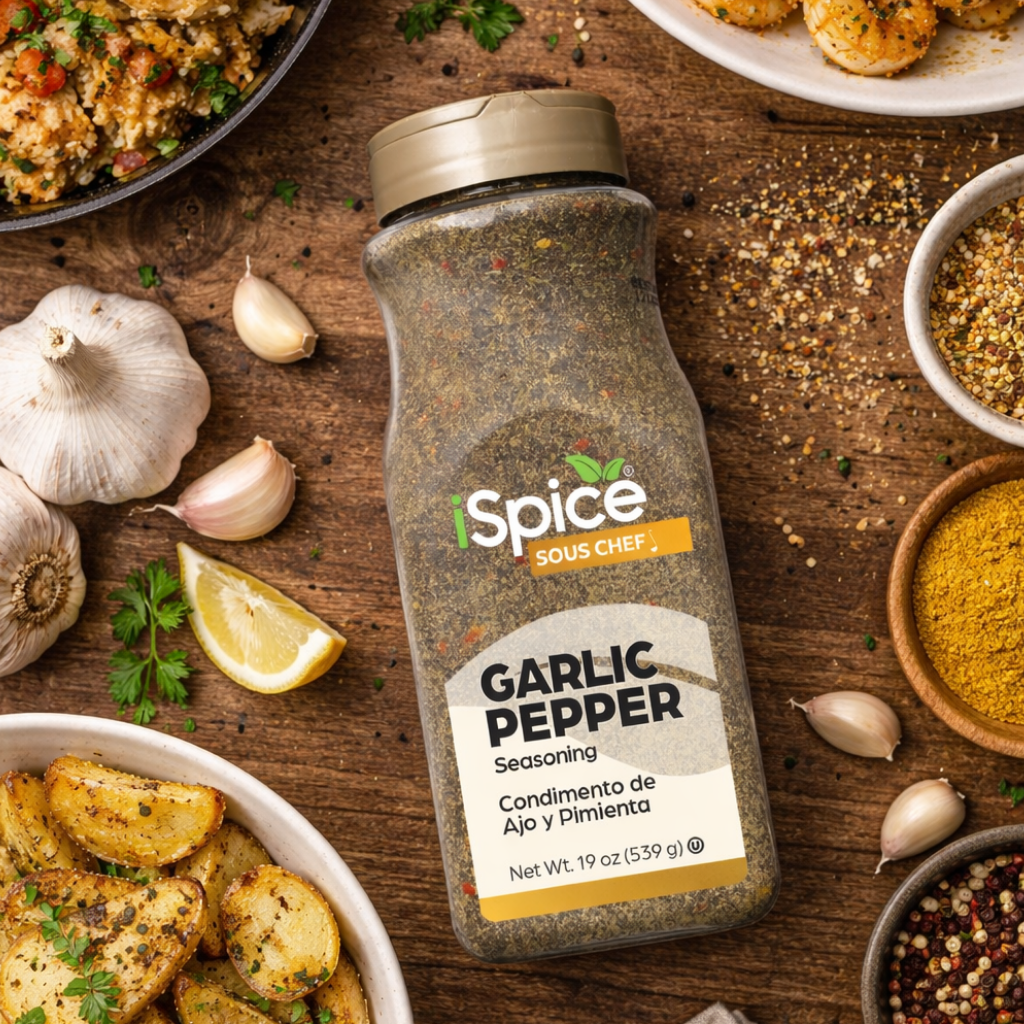 Spice Sous Chef Garlic Pepper seasoning bottle on a wooden surface with garlic, lemon, and food.