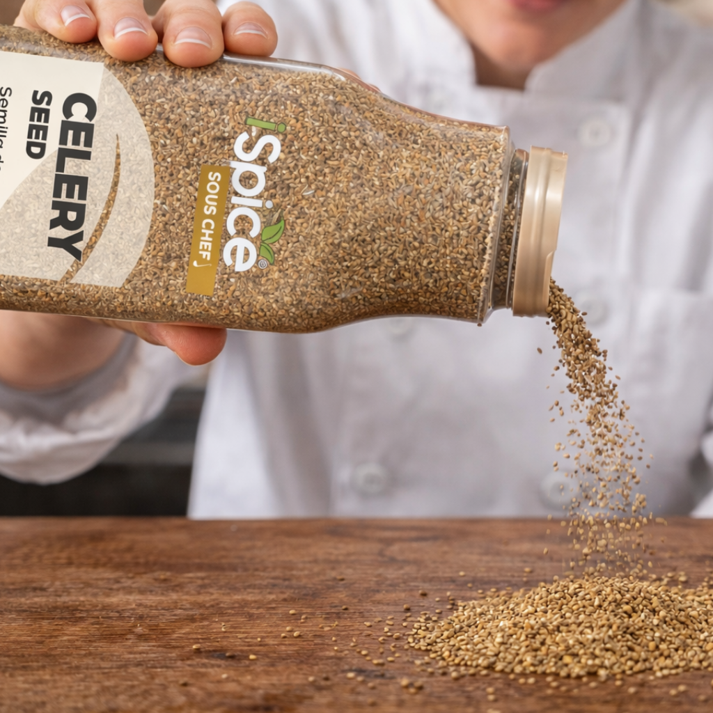 Person pouring celery seed from a Spice Sous Chef bottle onto a wooden surface