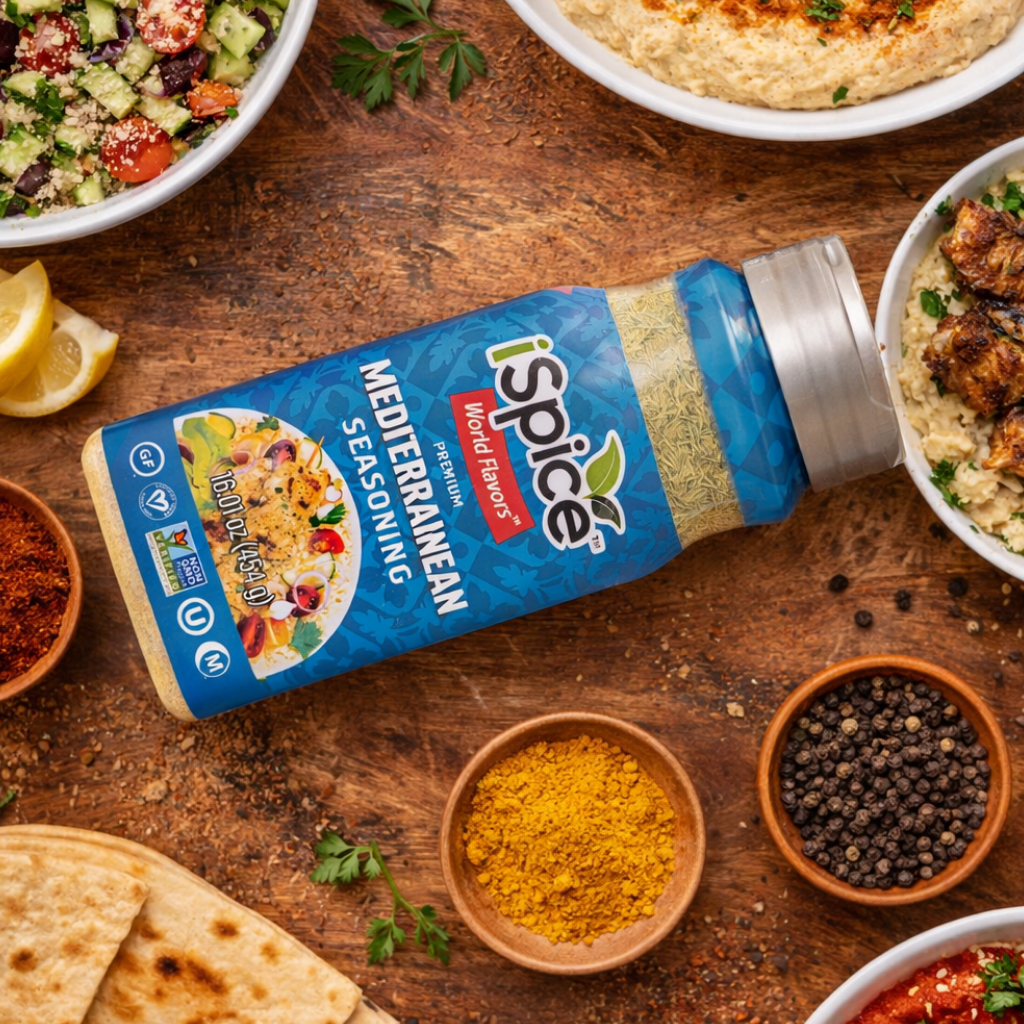 iSpice Mediterranean seasoning bottle on a wooden table with various ingredients and dishes.