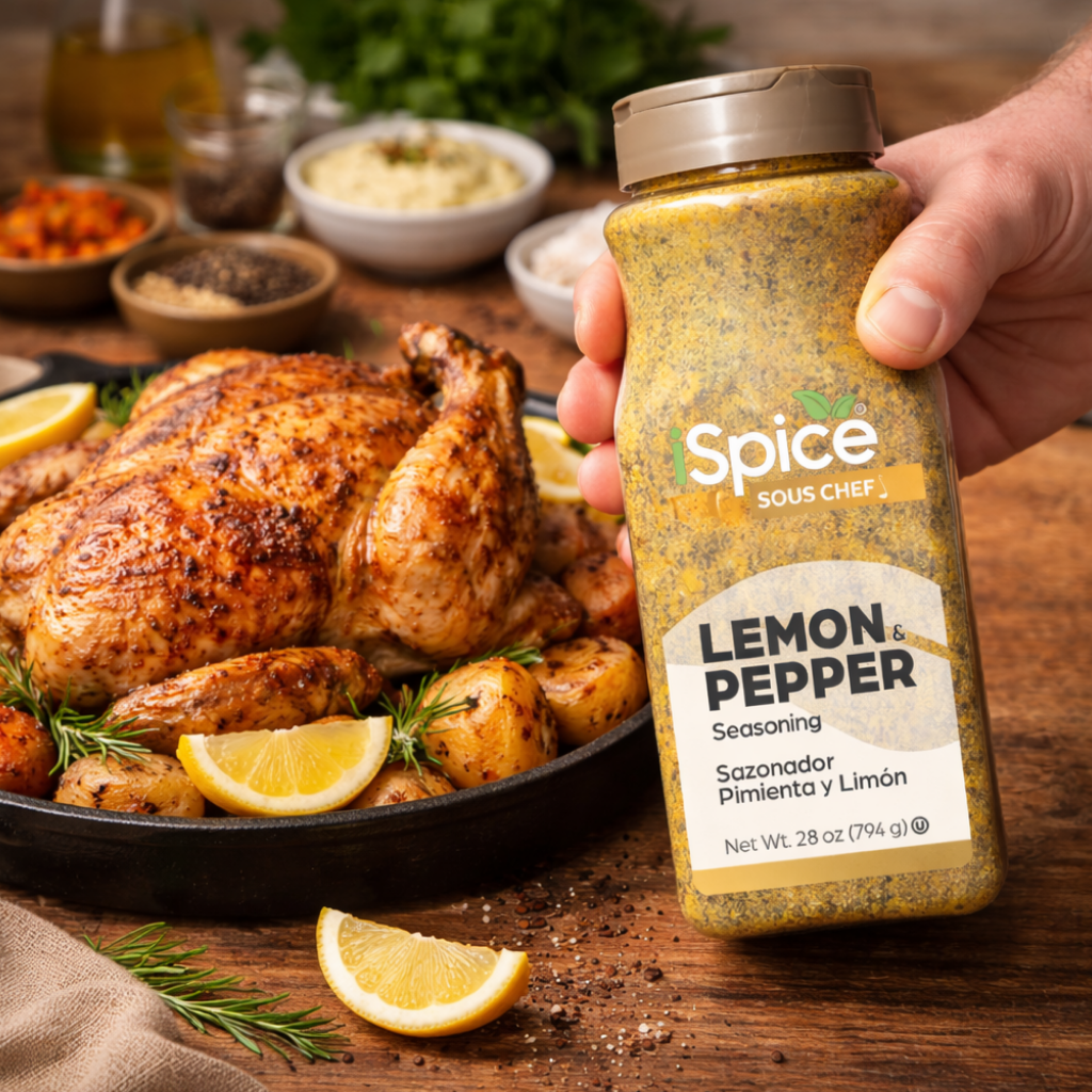 Hand holding a 'Spice Sous Chef Lemon & Pepper' seasoning bottle with a roasted chicken and lemon slices on a wooden table.