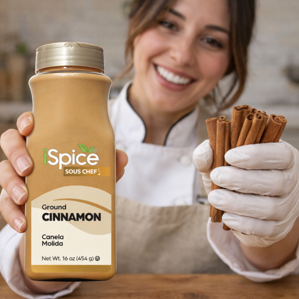 Person holding a bottle of 'iSpice Sous Chef' ground cinnamon and cinnamon sticks.