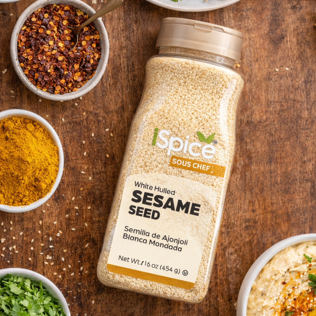 Spice bottle labeled 'iSpice Sous Chef' with sesame seeds on a wooden surface with bowls of spices.
