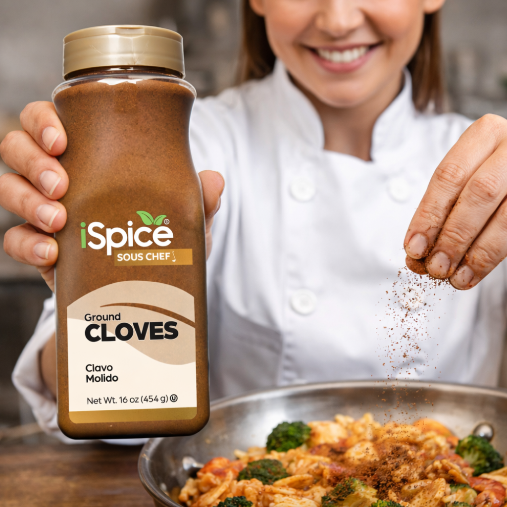 Person holding a bottle of iSpice Ground Cloves with a kitchen background