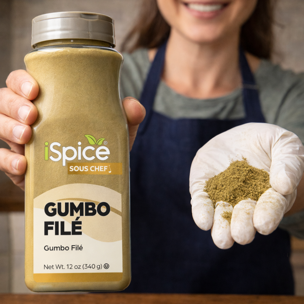Person holding a jar of iSpice Sous Chef Gumbo Filé seasoning with a scoop of the product.