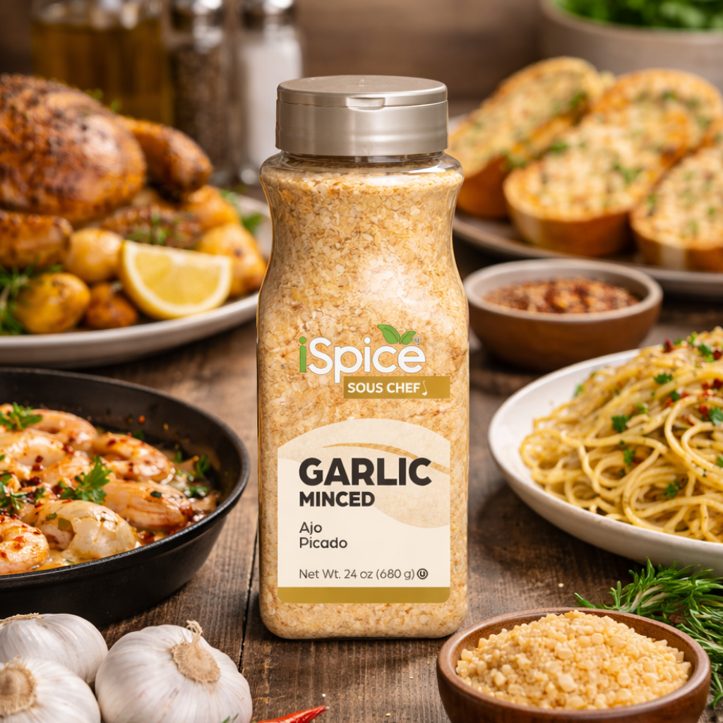 Spice Sous Chef garlic minced spice bottle with a meal setup in the background