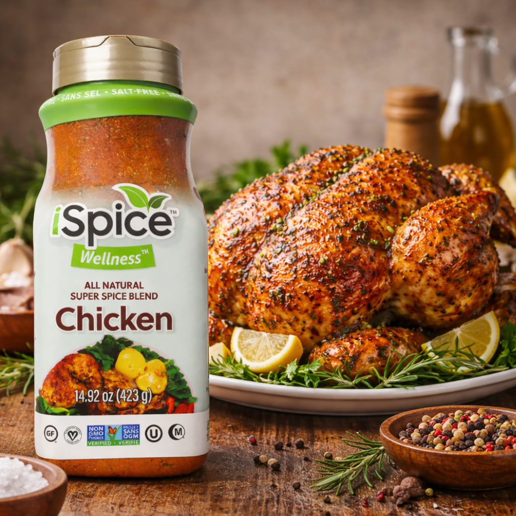 Spice Wellness Chicken seasoning bottle with a roasted chicken on a wooden table