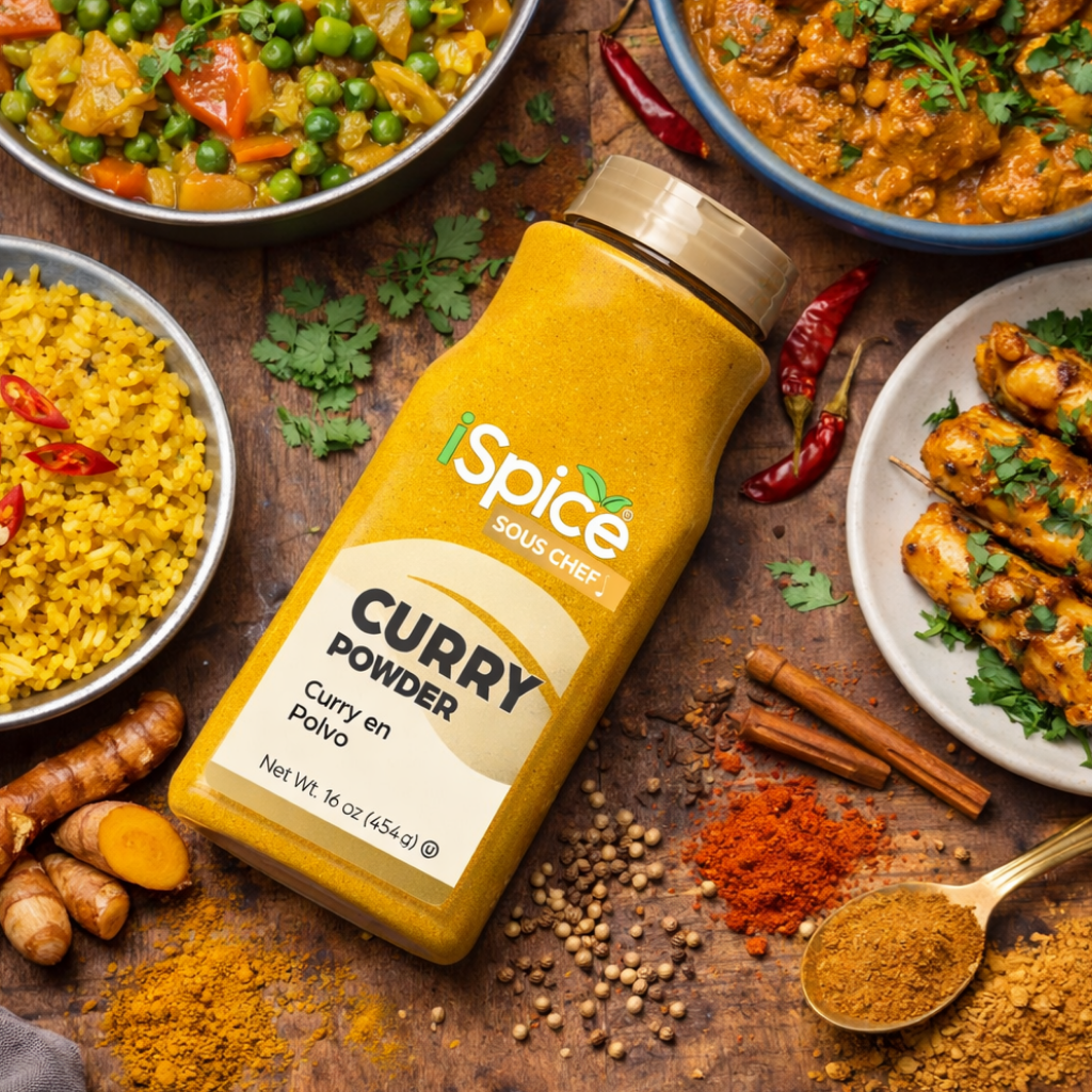 iSpice Sous Chef curry powder bottle surrounded by spices and Indian food dishes on a wooden surface