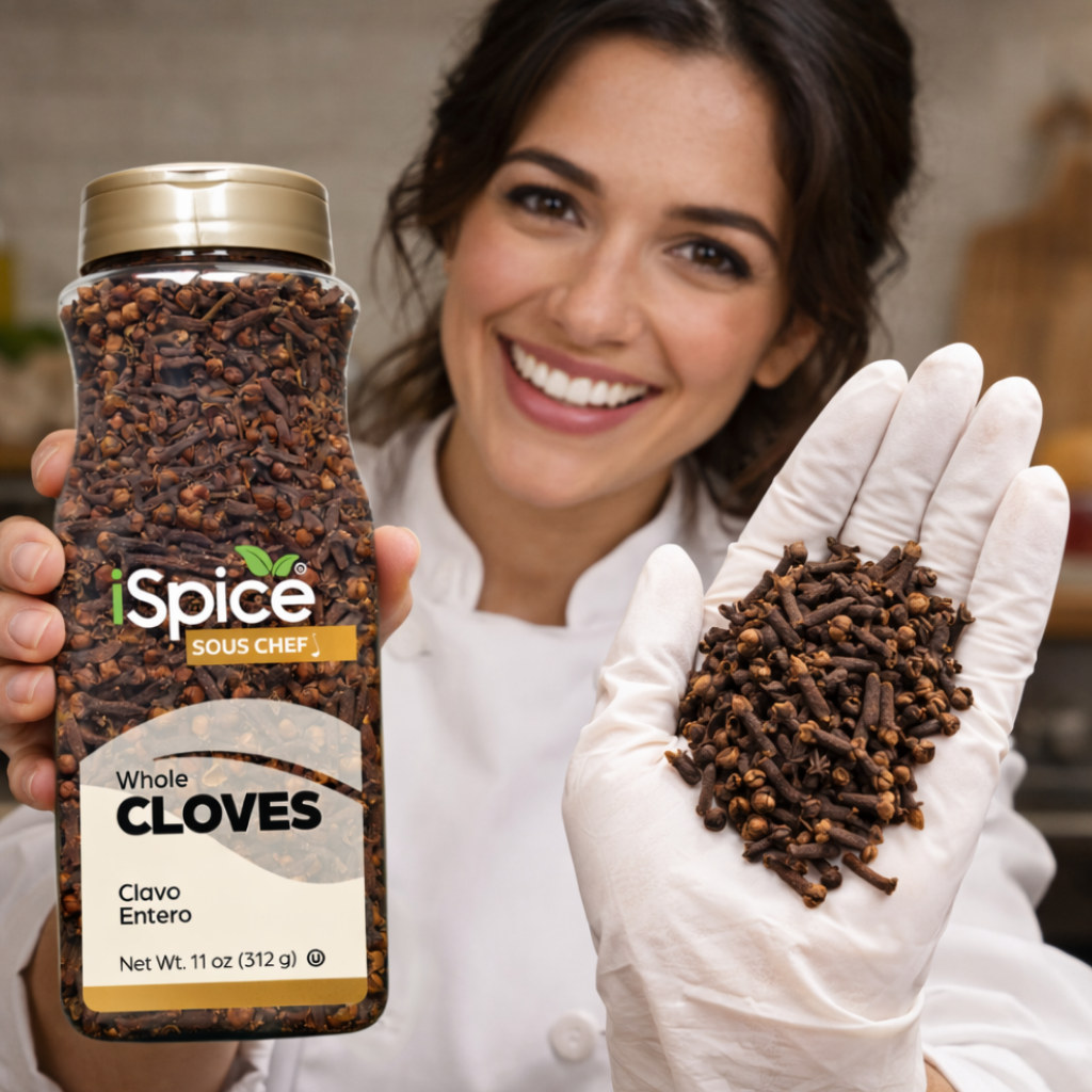 Woman holding a jar of whole cloves and a handful of cloves in a kitchen setting.