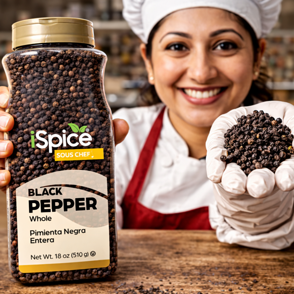 Person holding a jar of 'iSpice Sous Chef' black pepper with another person holding black peppercorns.