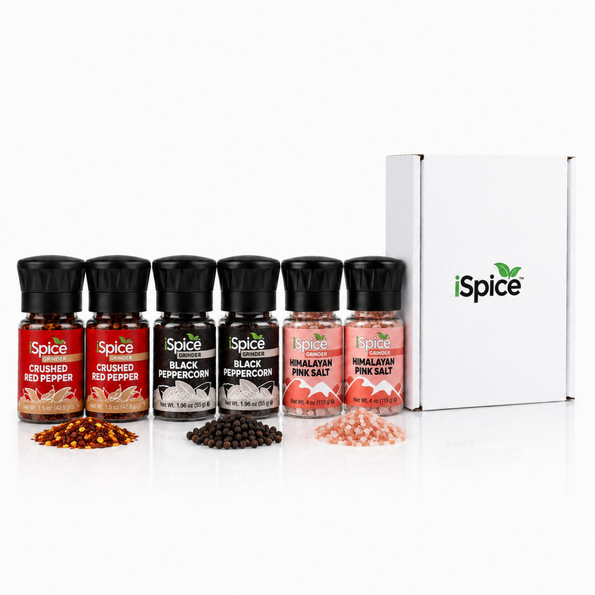 A set of five iSpice spice bottles with black lids, displayed in front of a white iSpice box on a white background. The bottles include Crushed Red Pepper, Crushed Black Peppercorn, Black Peppercorn, Himalayan Pink Salt, and Himalayan Pink Salt.