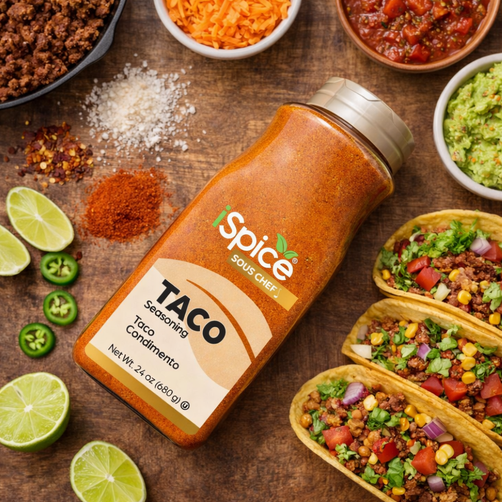 Chef presenting taco seasoning bottle and holding spice in gloved hand