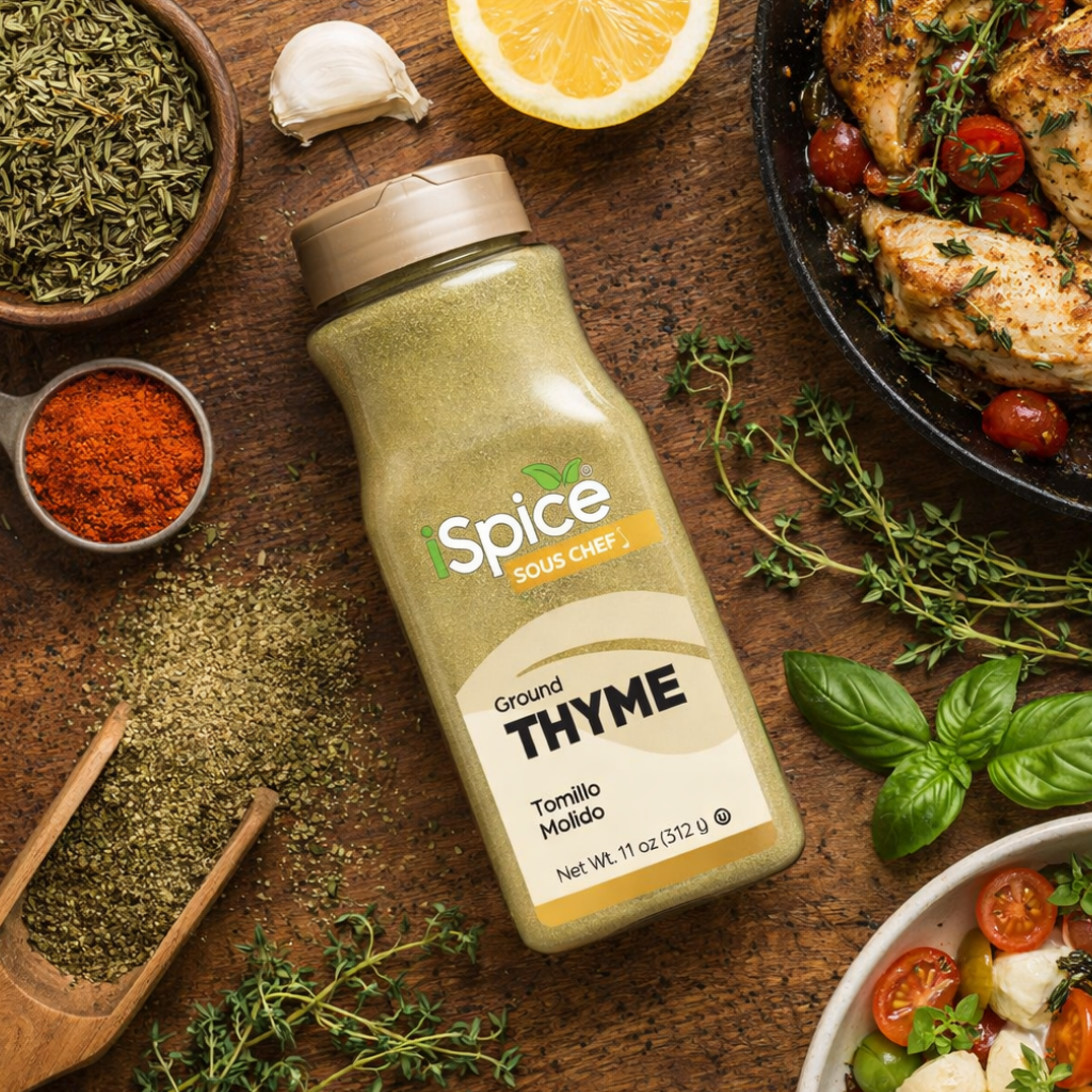 Spice bottle labeled 'Ground Thyme' on a wooden surface with herbs and ingredients.