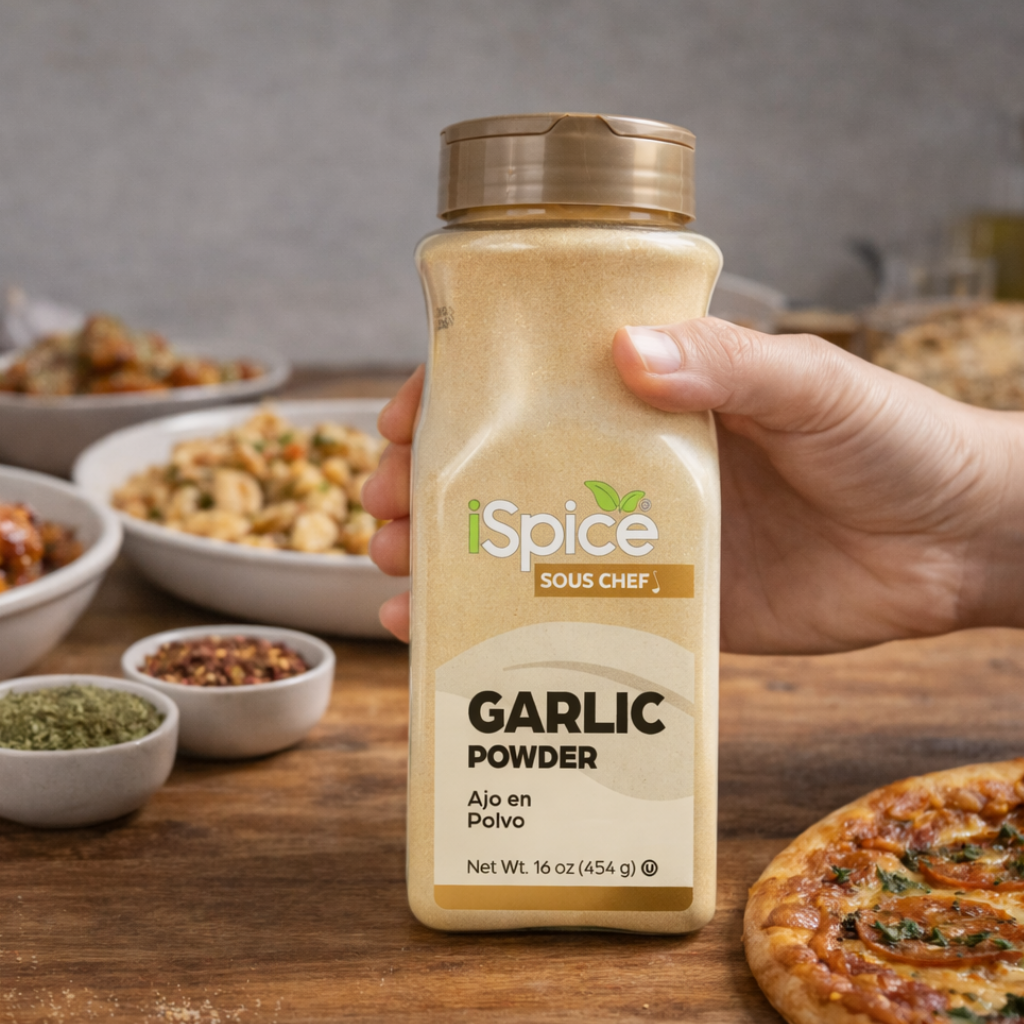 Hand holding a bottle of iSpice Garlic Powder with food in the background