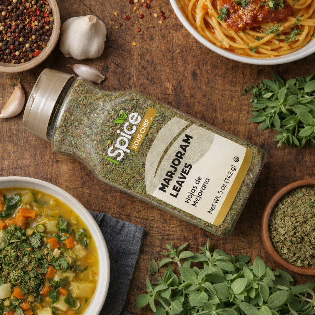 Spice bottle labeled 'Marjoram Leaves' on a wooden surface with various dishes and herbs.