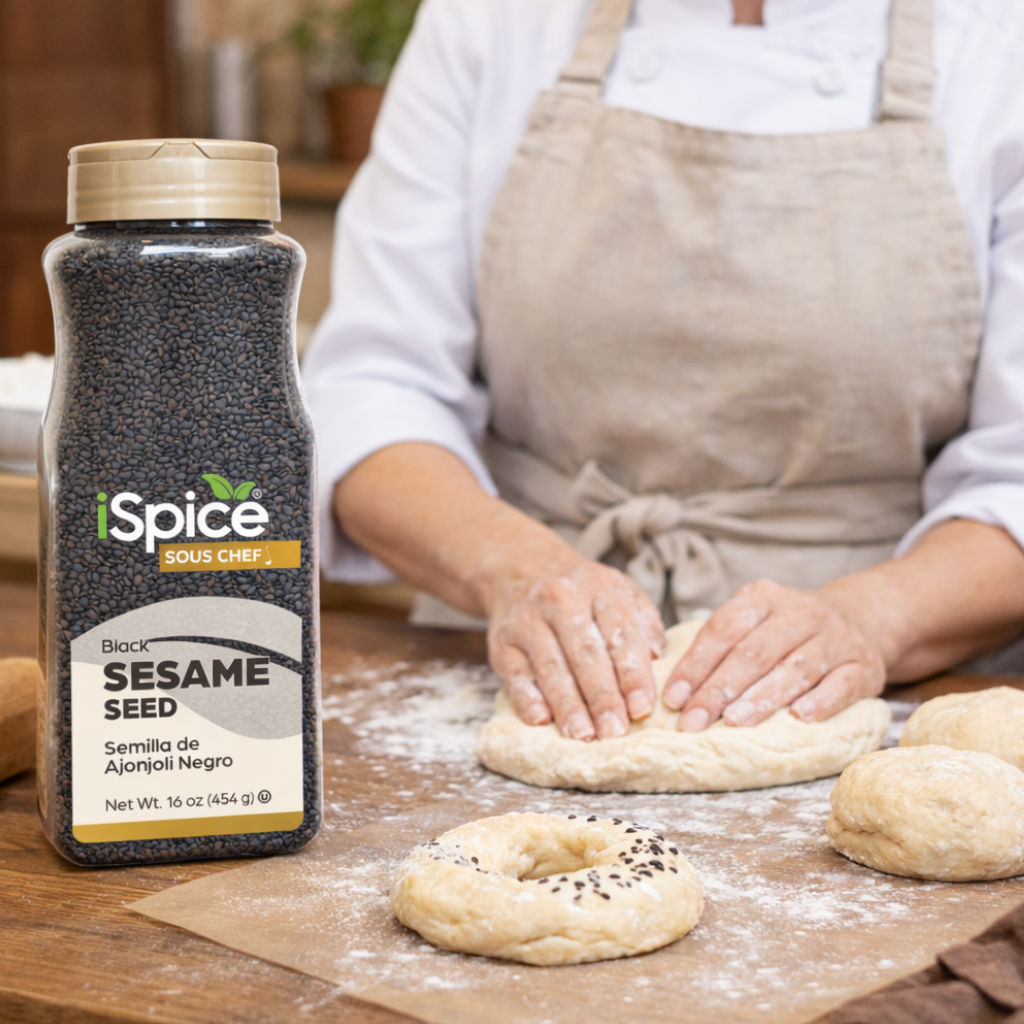 Person making bagels with a bottle of iSpice sesame seed on a wooden table.