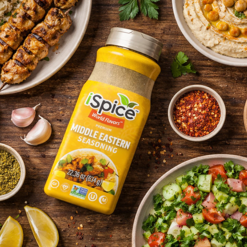 iSpice Middle Eastern seasoning bottle on a wooden table with food ingredients