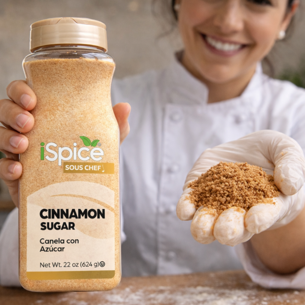 Person holding a bottle of cinnamon sugar with a visible brand label.