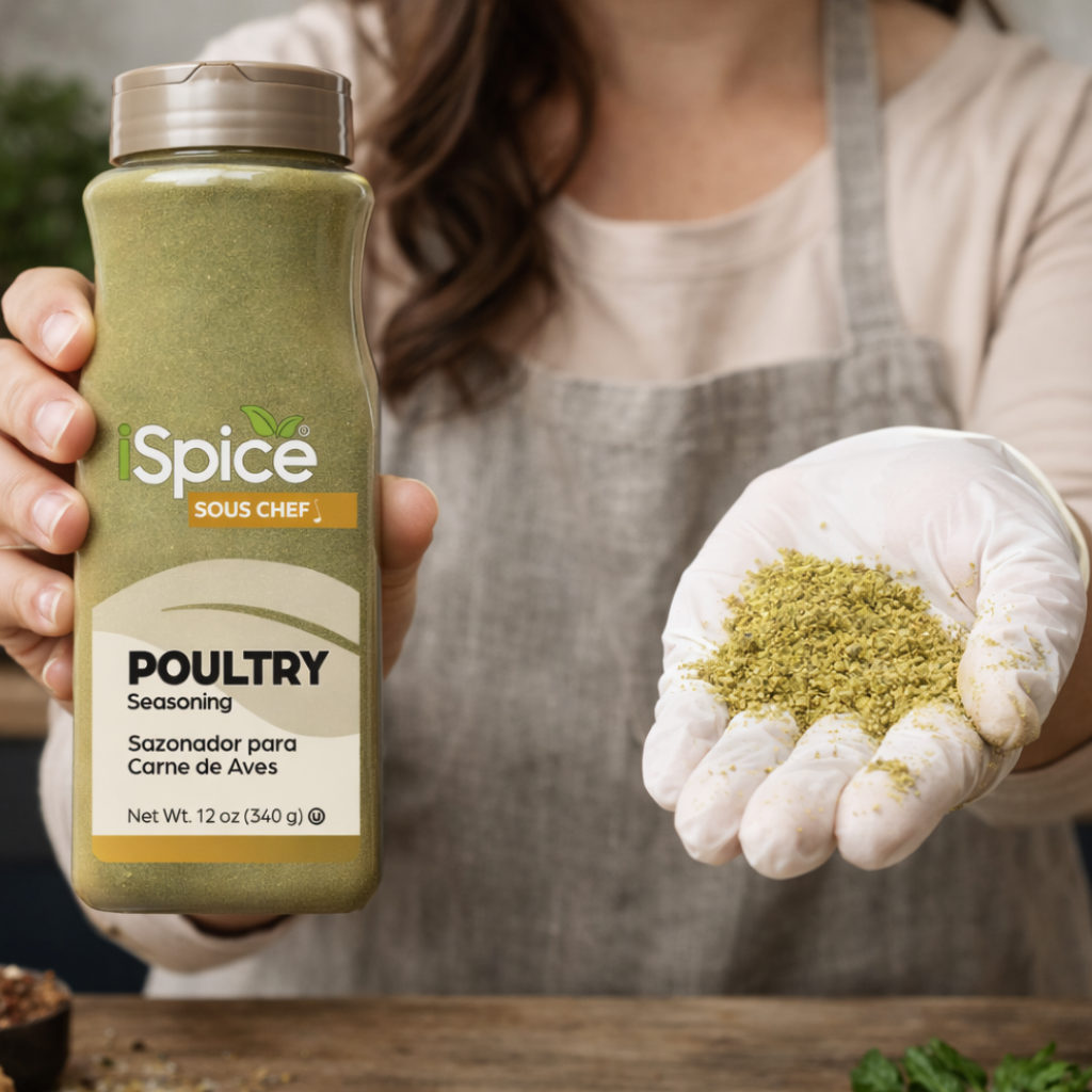 Person holding a bottle of 'Spice Sous Chef' poultry seasoning with a scoop of seasoning in their hand.