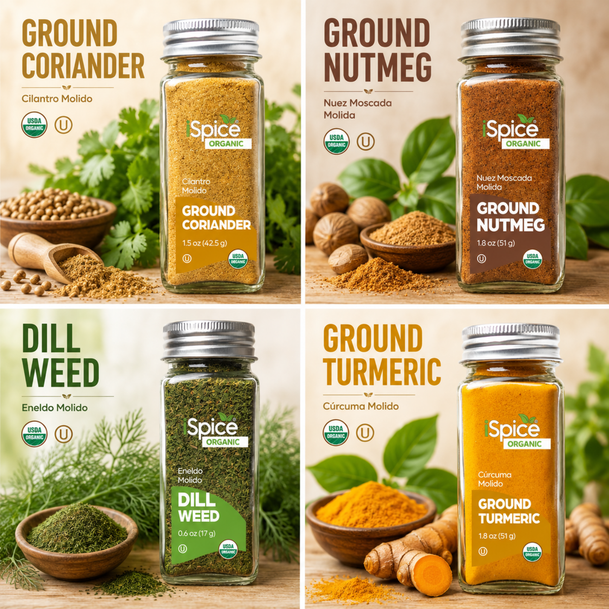 Four spice jars with labels for Ground Coriander, Ground Nutmeg, Dill Weed, and Ground Turmeric on a wooden surface with corresponding spices.