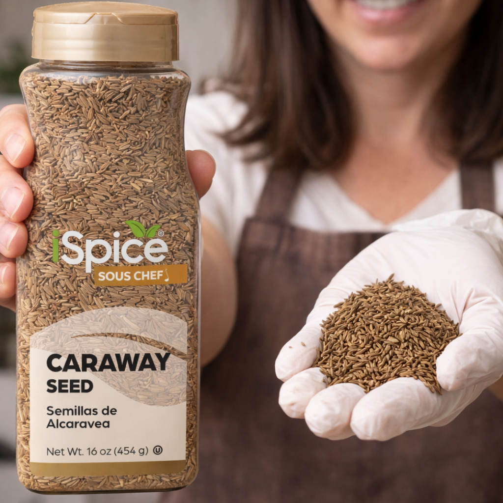 Person holding a jar of caraway seed and a handful of caraway seeds.