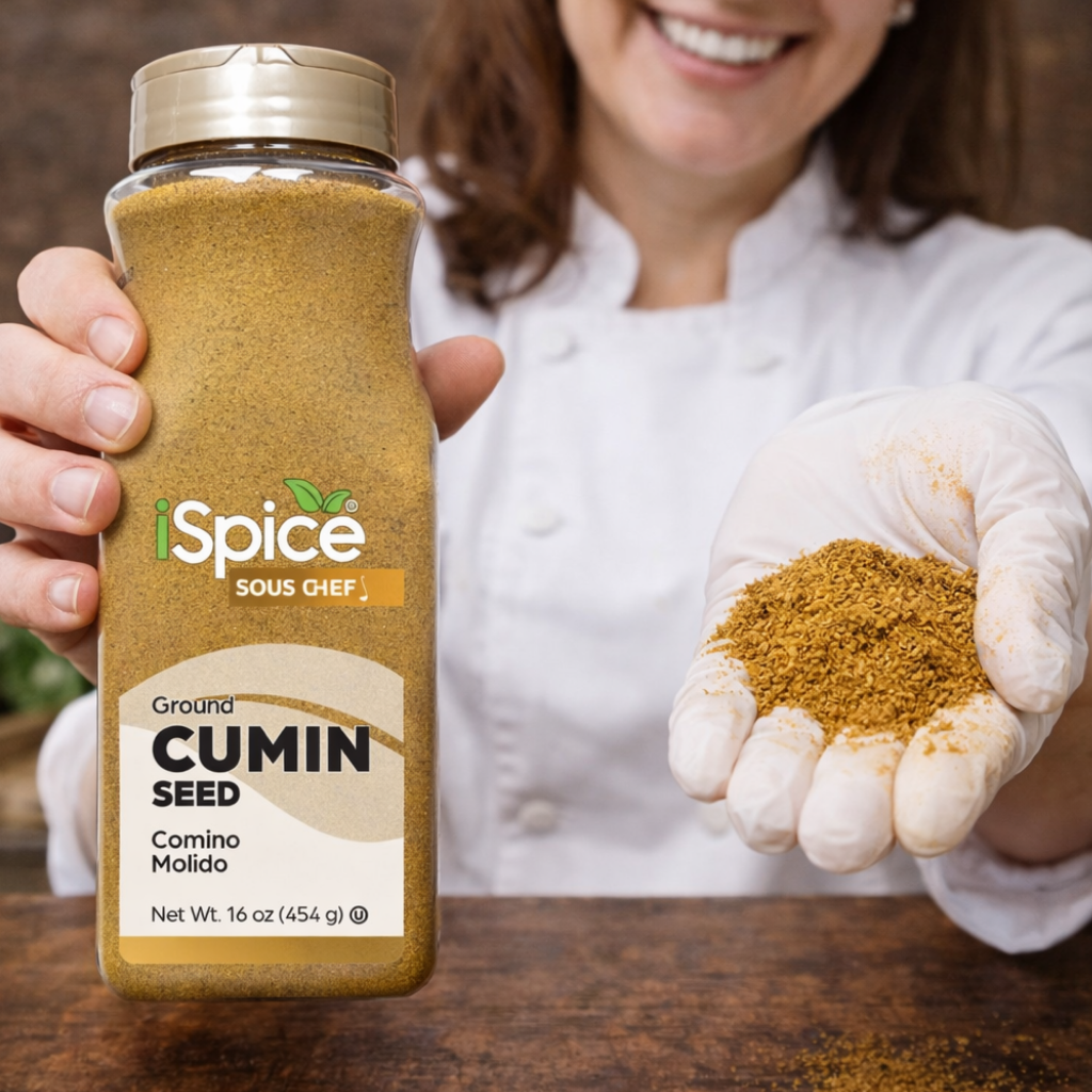 Person holding a jar of iSpice Ground Cumin Seed with a scoop of cumin in their hand.