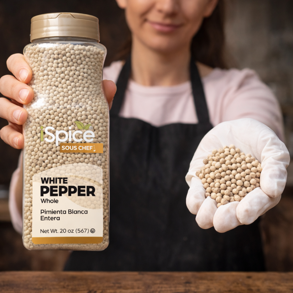 Person holding a jar of Spice Sous Chef white pepper and showing some in their hand.