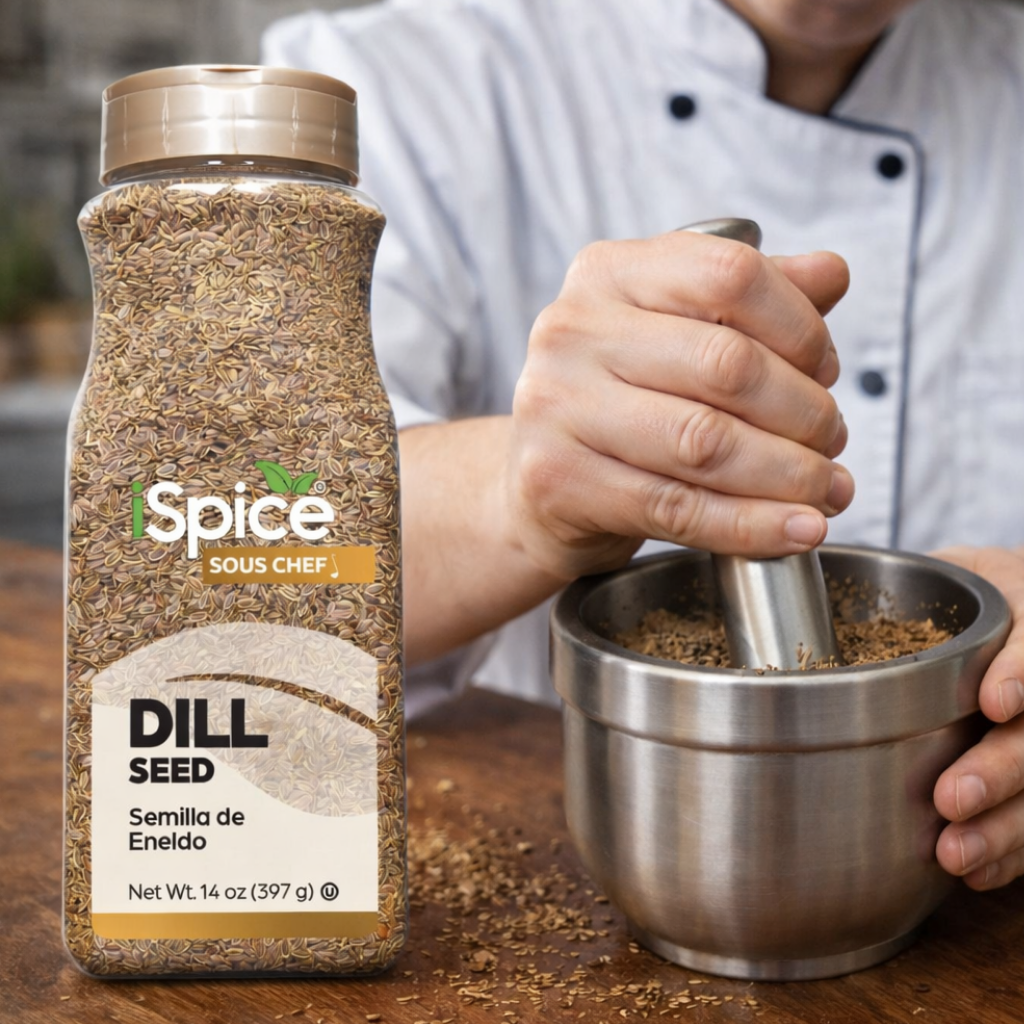 Spice jar labeled 'Sous Chef' with dill seed, held by a person using a mortar and pestle.