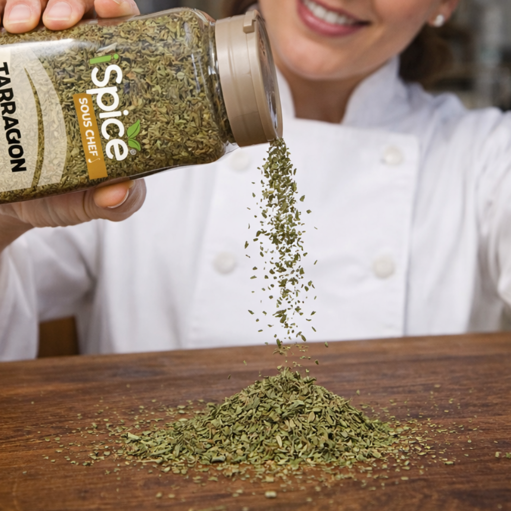 Person pouring tarragon spice from a Spice Chef container onto a wooden surface