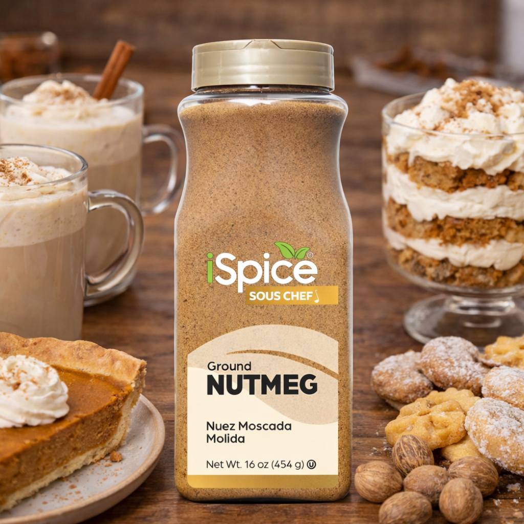 iSpice Ground Nutmeg jar with pumpkin pie, coffee, and cookies on a wooden table