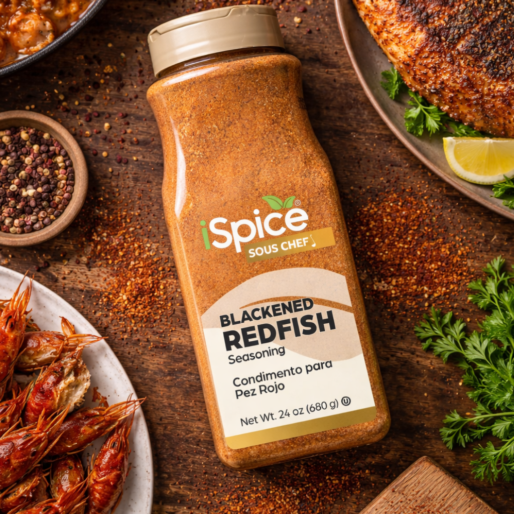 Spice bottle labeled 'Blackened Redfish' on a rustic wooden surface with food items.