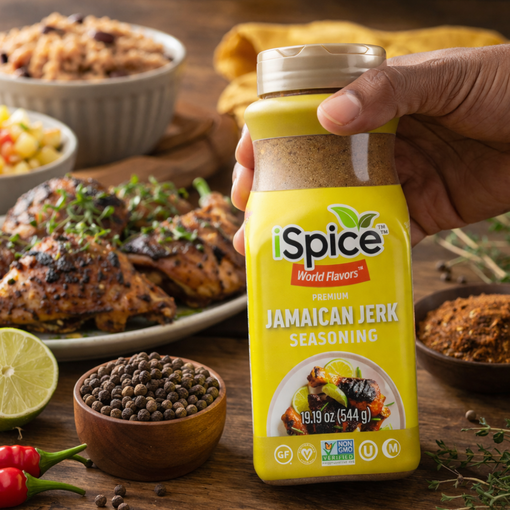 Hand holding a bottle of iSpice Jamaican Jerk seasoning with a meal in the background