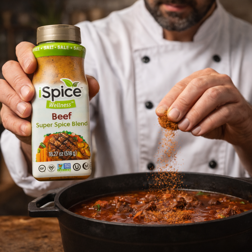 Person seasoning a dish with iSpice Wellness Beef Super Spice Blend