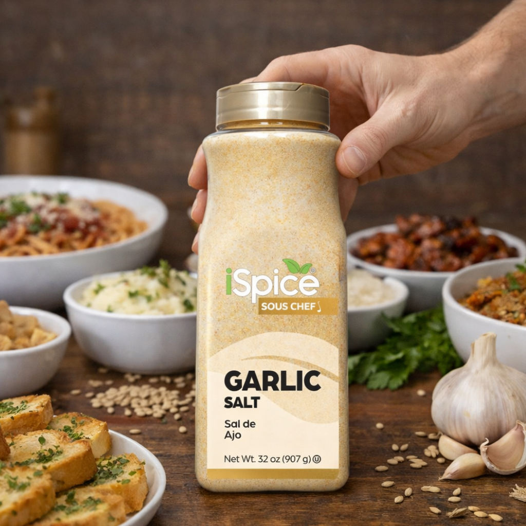 Hand holding a bottle of iSpice Garlic Salt with food in the background