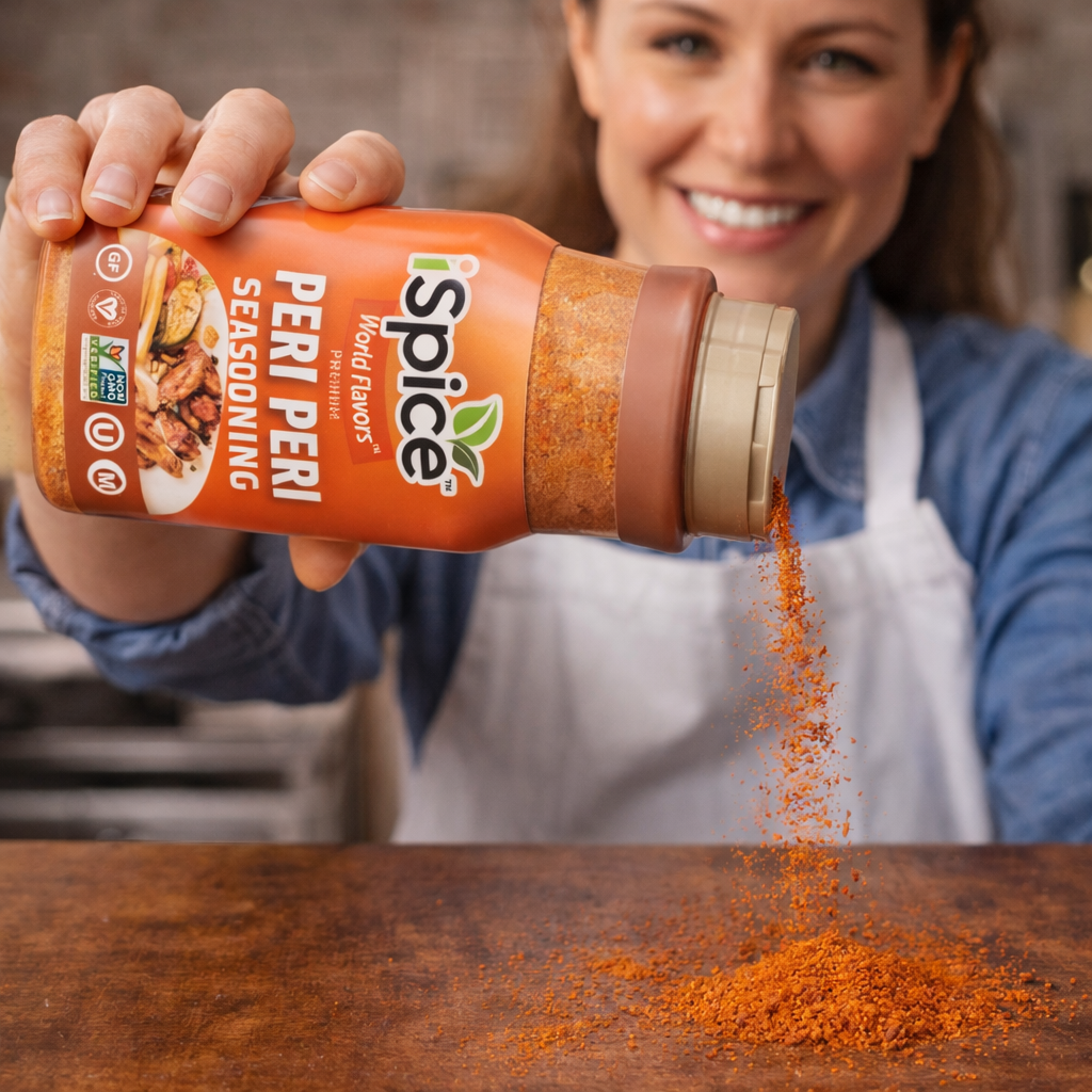 Person pouring Spice Islands Peri Peri seasoning onto a wooden surface