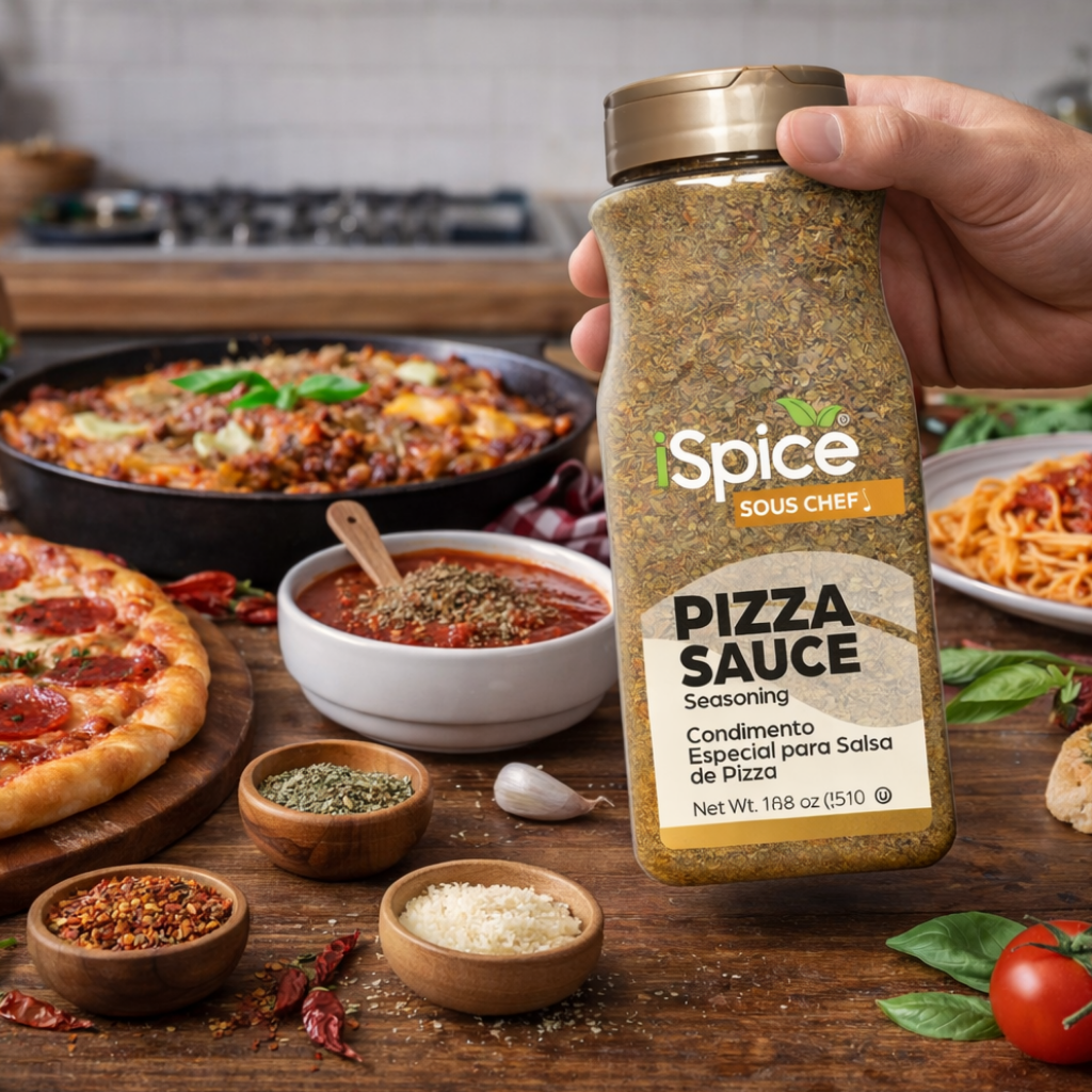 Hand holding a jar of 'iSpice Sous Chef Pizza Sauce Seasoning' with pizza and ingredients in the background.