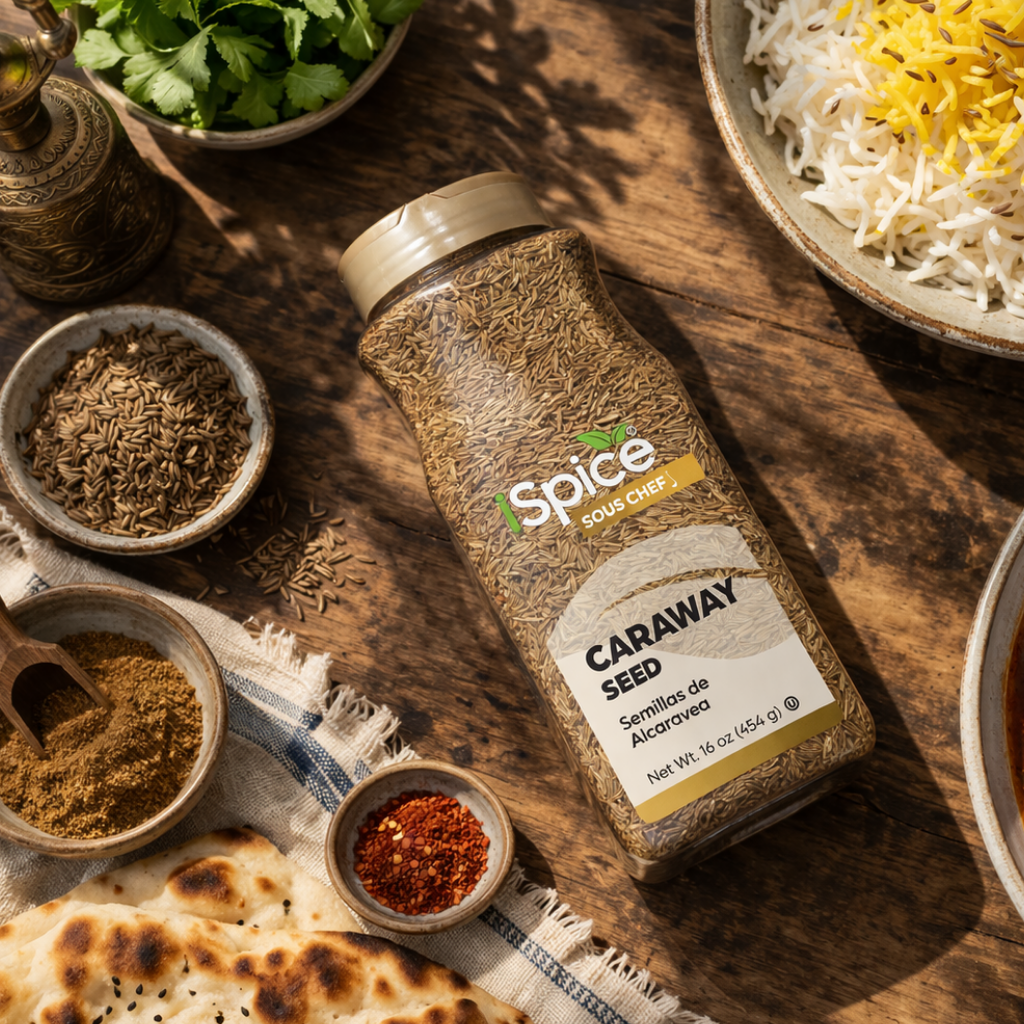 Spice Souq Chips caraway seed bottle on a wooden table with various spices and food items.