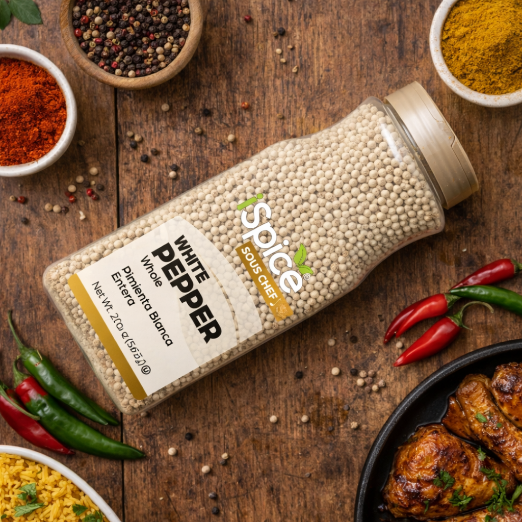 Spice bottle labeled 'White Pepper' on a wooden surface with spices and food around