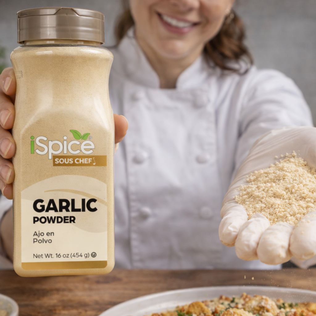 Person holding a jar of iSpice Garlic Powder with a blurred background