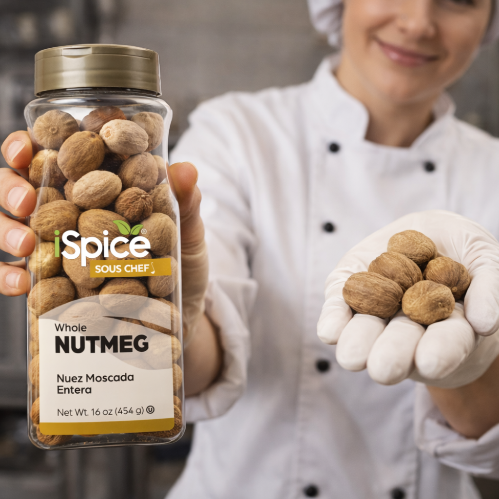 Person holding a jar of Spice Sous Chef whole nutmeg and a handful of nutmegs.