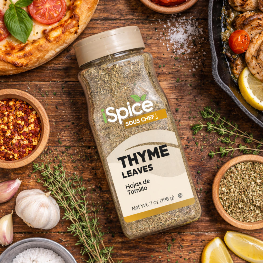 Spice Sous Chef thyme leaves bottle on a wooden surface with herbs and food.