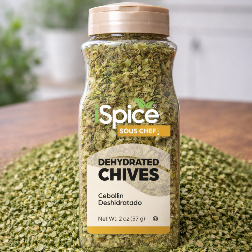 Spice Sous Chef dehydrated chives jar on a wooden surface with green herbs.