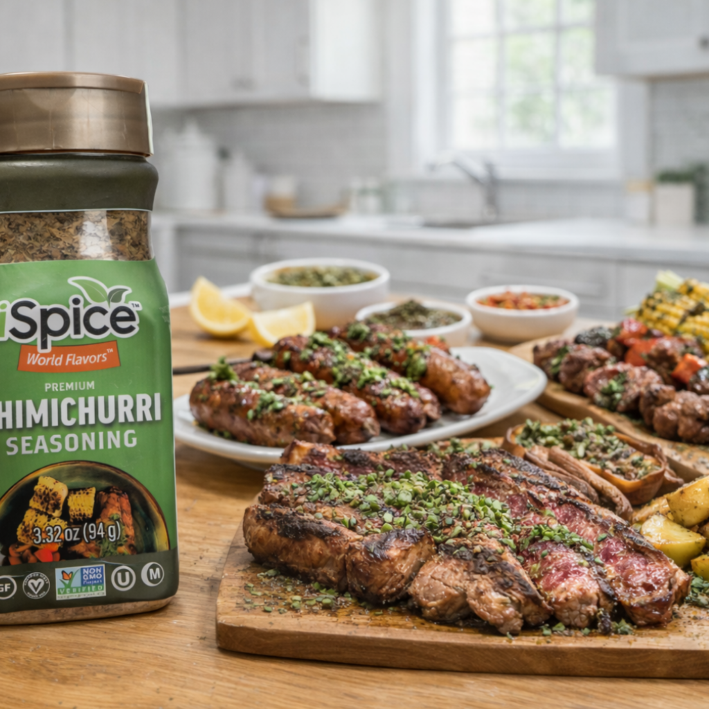 Spice World Flavors chimichurri seasoning jar with grilled steak and vegetables on a wooden table.