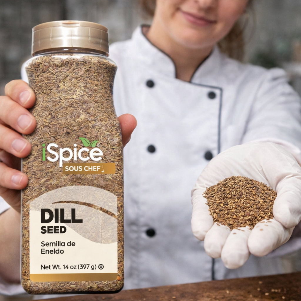 Person holding a jar of dill seed spice with another hand showing a small amount of dill seed.